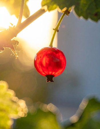 A single, perfect red currant hangs delicately from its vine, illuminated by the warm, golden glow of a setting sun.の素材