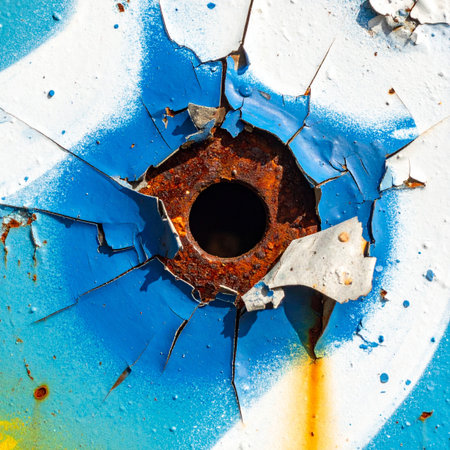 A powerful impact shatters the blue and white painted surface, revealing the raw, rusting metal beneath.の素材