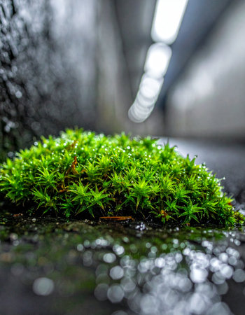 In the quiet solitude of a dark, urban underpass, a vibrant patch of green moss thrives on a wet stone.の素材