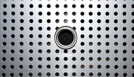 A close-up view of a precision-engineered metal surface, featuring a uniform grid of holes. The clean, industrial aesthetic evokes concepts of technology, manufacturing, and modern design.の素材