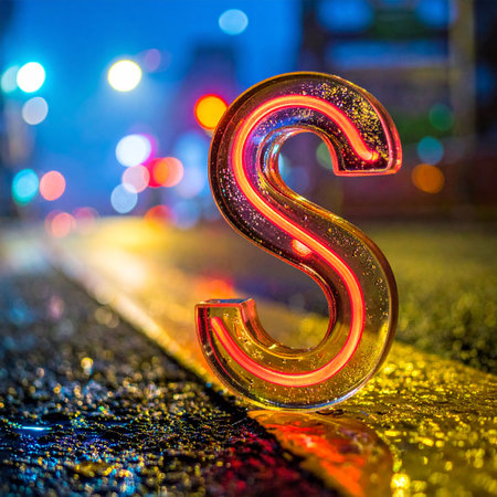 A luminous, transparent letter 'S' with a glowing red neon core stands on a wet, reflective city street at night.の素材