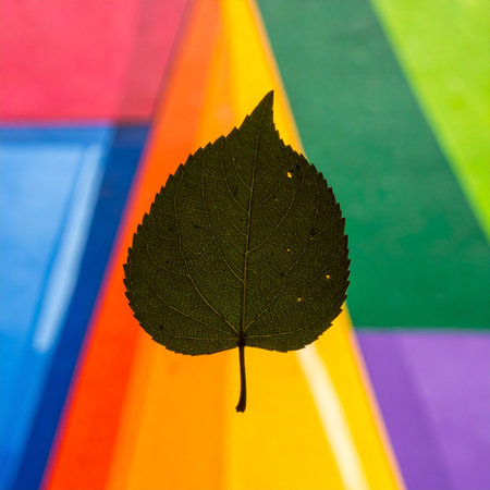A single, dark leaf rests against a vibrant explosion of geometric color, creating a striking visual contrast.の素材
