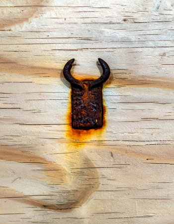 A close-up shot of a weathered, rusty metal bull head emblem fixed to a light wood panel.の素材