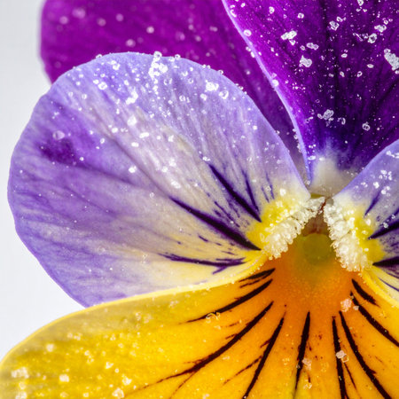 A macro view reveals the delicate beauty of a pansy flower, its vibrant purple and yellow petals dusted with sparkling sugar-like crystals.の素材
