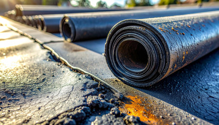 As the sun sets, casting a warm golden glow, rolls of bitumen roofing material lie ready for the next day's work.の素材