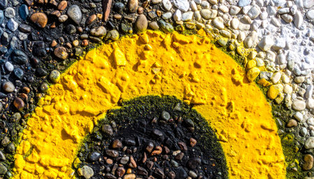 A bold, yellow and black target is painted directly onto a rough, pebbled surface, creating a striking visual contrast.の素材