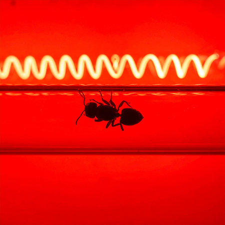 In a world of intense heat and vibrant red, a lone ant embarks on a perilous journey across a glowing hot filament.の素材