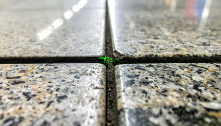 A low-angle, selective focus shot captures the precise intersection of polished granite floor tiles.の素材