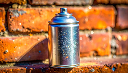 A single chrome spray can rests against a weathered brick wall, bathed in sunlight.の素材