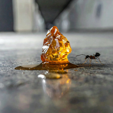 In a macro world of giants, a tiny ant embarks on a great adventure, discovering a glistening, golden treasure.の素材