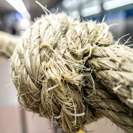 A close-up view reveals the intricate details of a tightly bound knot in a thick, natural fiber rope.の素材