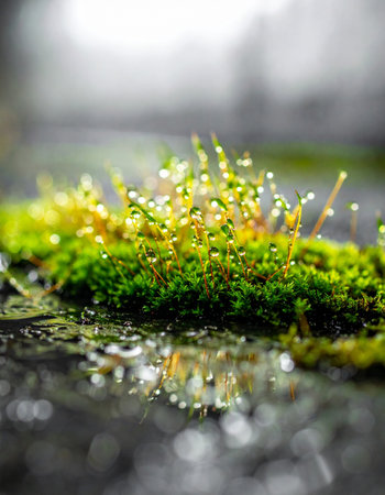 In the quiet light of dawn, tiny droplets of morning dew cling to a vibrant patch of fresh green moss, sparkling like a collection of miniature jewels.の素材