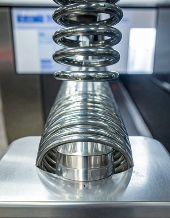 A close-up view captures the flawless coils of a precision-engineered metal spring, its polished surface reflecting the industrial environment.の素材