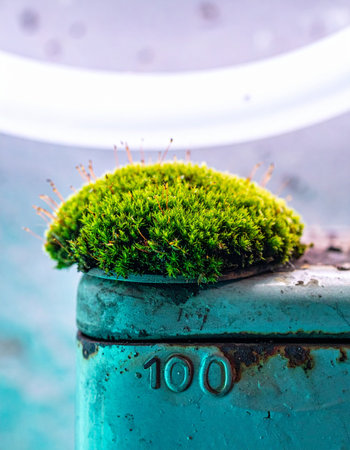 A vibrant patch of green moss thrives on the corner of a weathered, teal-colored metal post, marked with the number 100.の素材
