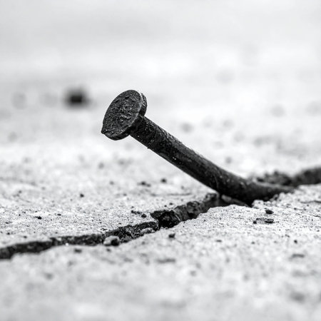 A single, weathered nail stands firm, a testament to forgotten construction.の素材