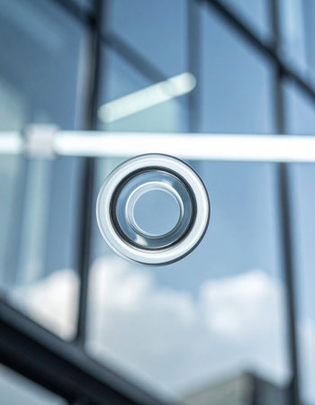 A close-up, selective focus shot captures the clean lines of a sleek, metallic handle on a glass door.の素材