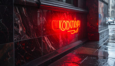 A red neon sign glows intensely against a dark, polished marble facade on a rainy urban night.の素材