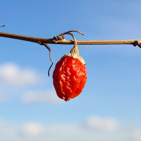 A single, wrinkled red berry clings to a bare vine, a final remnant of the harvest season.の素材