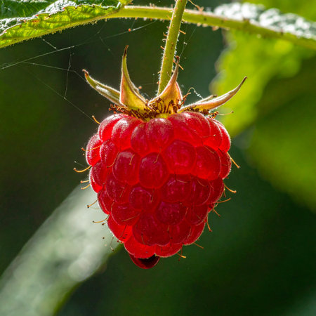 A single, perfect raspberry hangs from the vine, its vibrant red skin glowing as it's backlit by the warm summer sun.の素材