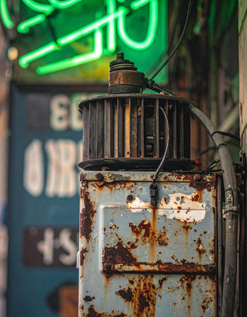 In a forgotten city alley, a weathered and rusted piece of old machinery stands as a testament to a bygone era.の素材