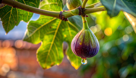 A single, plump fig hangs from a branch, kissed by the warm glow of the setting sun. A tiny droplet clings to its base, signaling peak ripeness and the promise of a sweet harvest from a summer garden.の素材
