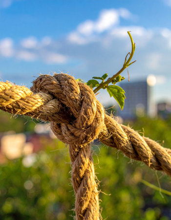 A tiny green sprout emerges with determination from a weathered, strong rope knot.の素材