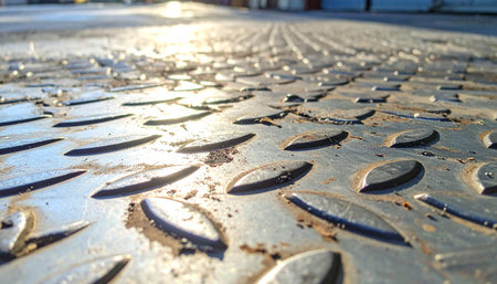 As the morning sun casts a warm glow across the factory floor, it highlights the rugged texture of the steel diamond plate.の素材