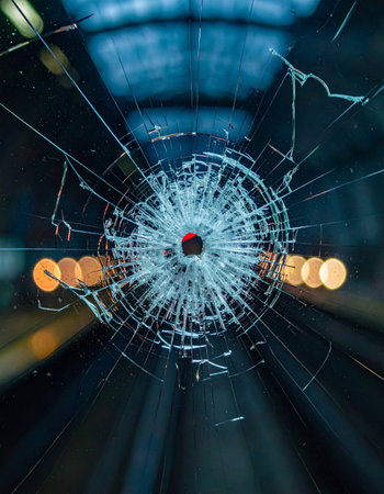 A view through a shattered pane of glass, a single bullet hole at the center of the impact.の素材