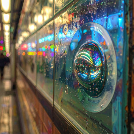 A close-up view captures the vibrant energy of a city at night, reflected in the rain-slicked window of a subway train.の素材