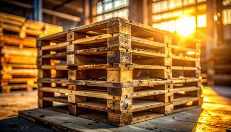 In the golden light of a new day, a stack of wooden pallets stands ready in a vast warehouse.の素材