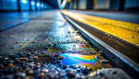 A forgotten puddle on a gritty subway platform captures a fleeting moment of unexpected beauty.の素材