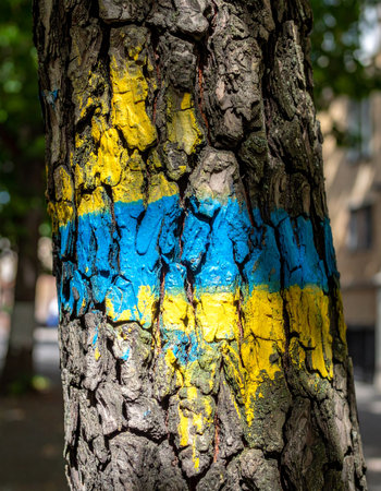 A powerful and poignant symbol of solidarity, the blue and yellow of the Ukrainian flag is painted onto the rough bark of a tree.の素材