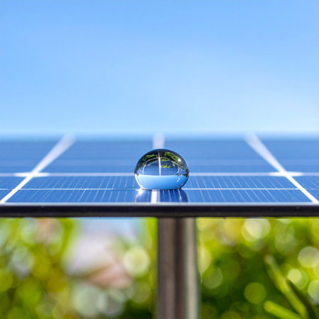 A single, perfect drop of water rests on a photovoltaic solar panel, reflecting a clear blue sky.の素材