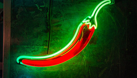 A vibrant red and green neon chili pepper glows intensely against a dark, textured wall.の素材