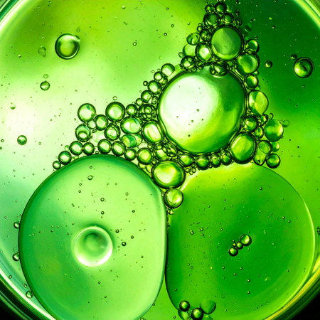 A vibrant macro view captures the dynamic interaction between oil and water, forming a cluster of luminous green bubbles.の素材