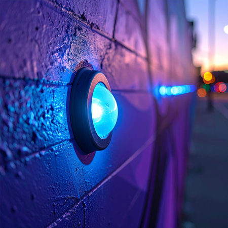 A series of vibrant blue LED lights casts a futuristic glow along a textured urban wall at twilight.の素材