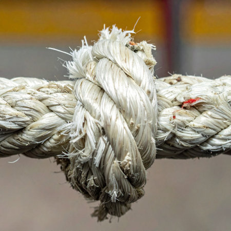 A macro shot of a thick, weathered rope with a tight knot at its center.の素材