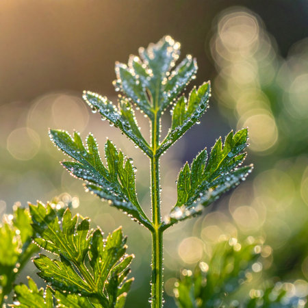 As the sun rises, its warm golden light catches the tiny dew drops clinging to a delicate green leaf.の素材