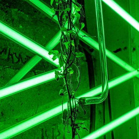 In a world illuminated by the cold, geometric glow of green neon, a resilient vine clings to life, wrapping itself around industrial pipes.の素材