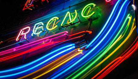 A vibrant explosion of color streaks across a dark background, emanating from a glowing neon sign.の素材