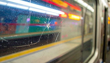 A close-up view of a cracked window on a subway car as it speeds through a station at night.の素材