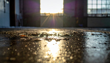 From a low angle, the last rays of a setting sun stream through the open bay of an empty warehouse, casting a golden glow across the wet, debris-strewn concrete floor.の素材