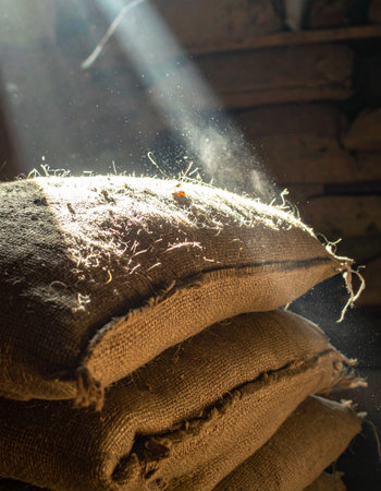 In the quiet stillness of an old barn, a single, brilliant sunbeam cuts through the dusty air, illuminating a stack of burlap sacks.の素材
