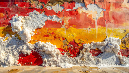 A macro view captures the beautiful chaos of transformation. Vibrant layers of red, orange, and yellow peel away, revealing a raw surface where white salt crystals bloom like alien flora.の素材