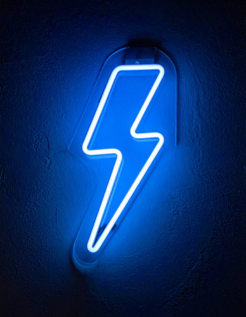 A vibrant blue neon lightning bolt cuts through the darkness, a symbol of sudden inspiration and raw power.の素材