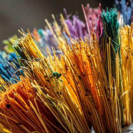 A macro perspective reveals a dense collection of colorful brush bristles.の素材