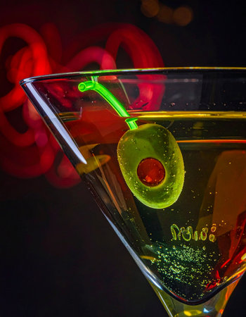A classic martini, garnished with a glowing green olive, sits against a backdrop of vibrant, abstract red lights.の素材