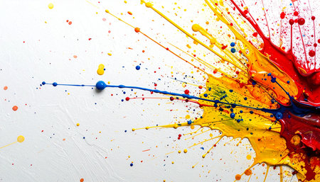A dynamic explosion of vibrant red, yellow, and blue paint erupts across a clean white canvas.の素材