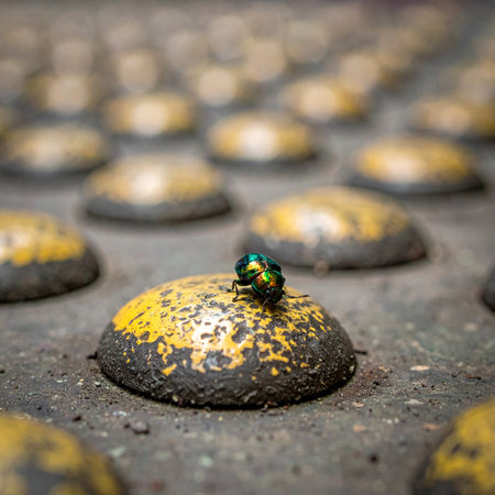 A vibrant, iridescent green beetle pauses on a worn, yellow tactile paving stud, a tiny jewel of nature set against the gritty, man-made landscape of a city sidewalk.の素材