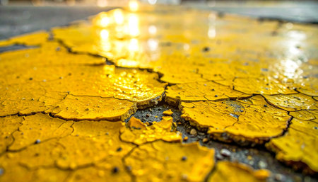 Years of traffic and harsh weather have taken their toll, causing the thick yellow paint on this urban pavement to crack and peel.の素材